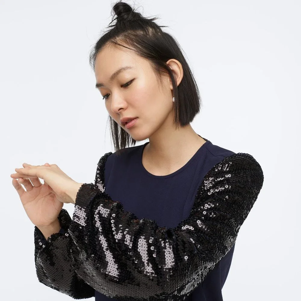 NWT Womens Size XS J. Crew Navy Blue Black Sequin Sleeve Crepe Blouse Top